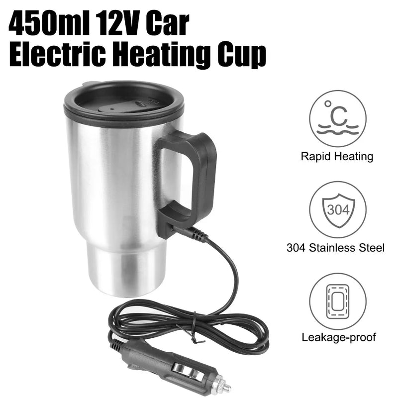 12V 450ml Aquecimento Elétrico Chaleira Do Carro Água Café Leite Caneca Térmica Camping Chaleira De Viagem Copo De Aquecimento Do Veículo De Aço Inoxidável